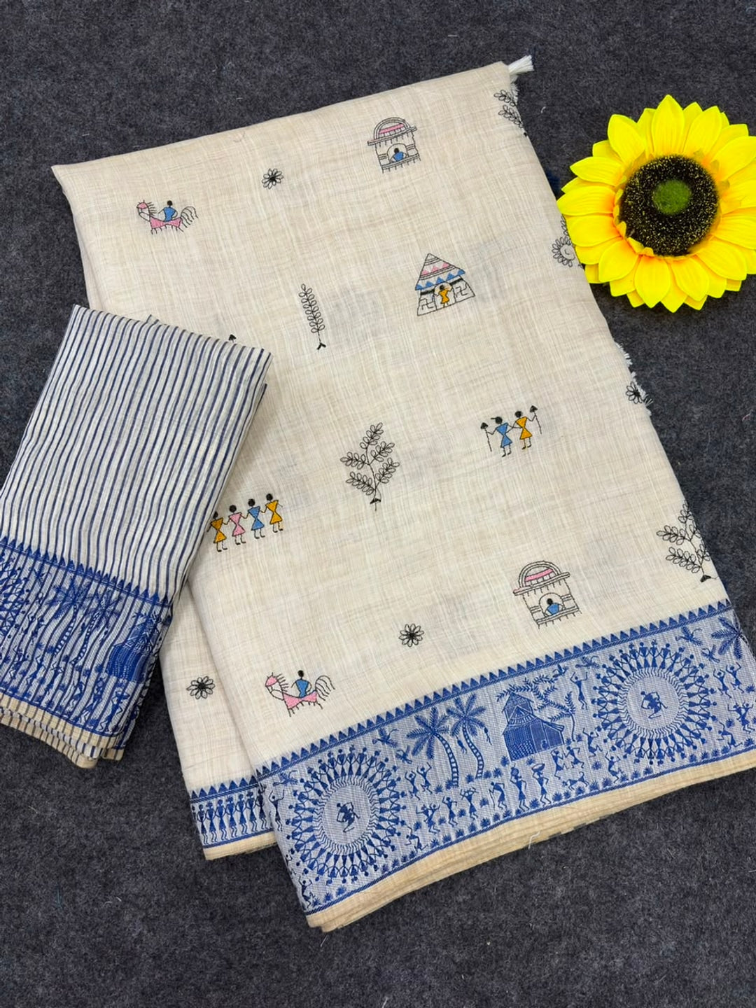 Peachmode Cream & Blue Muga Silk Warli Weave Border Saree - Image 5