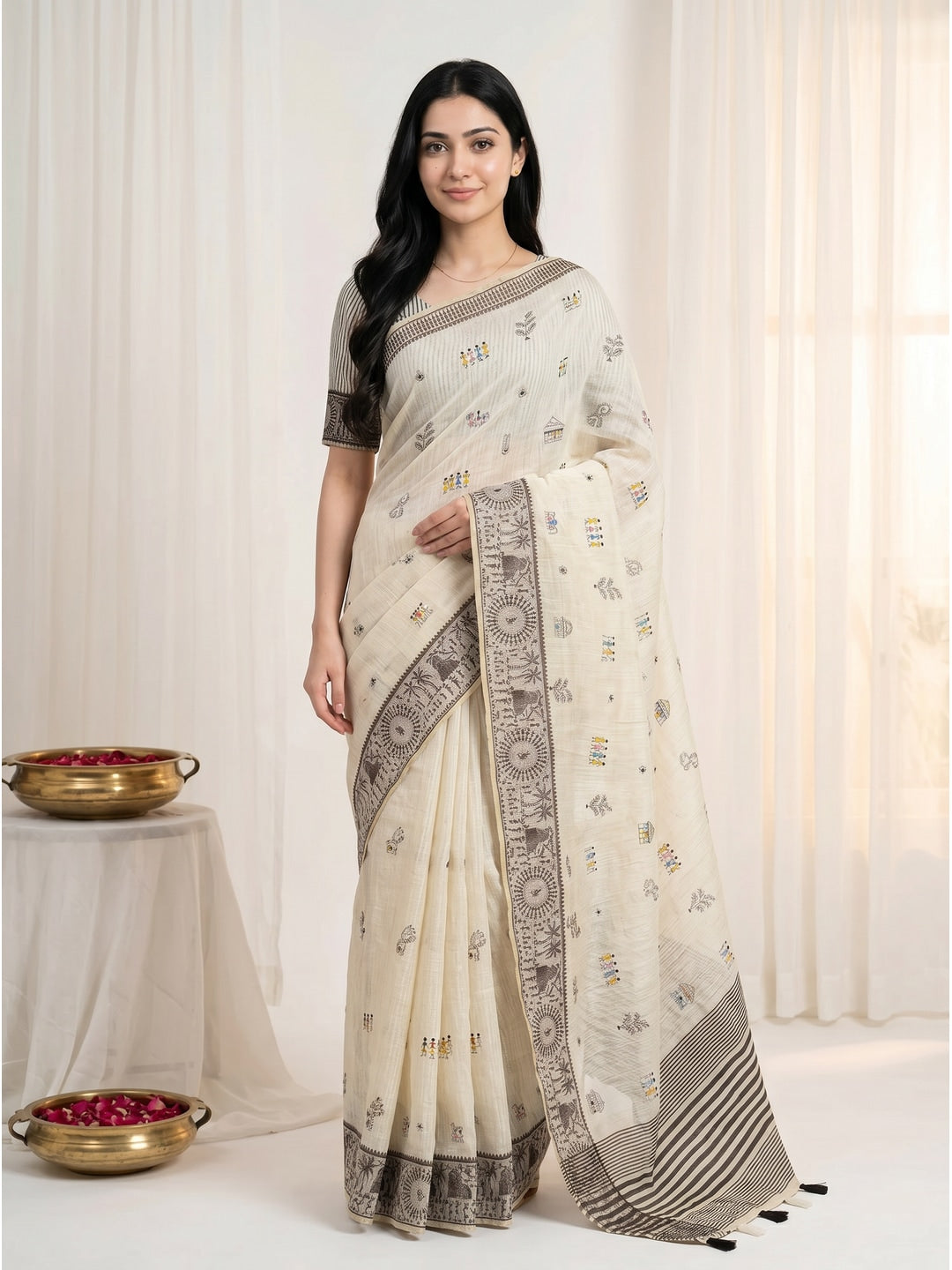 Peachmode Cream & Coffee Muga Silk Warli Weave Border Saree - Image 1