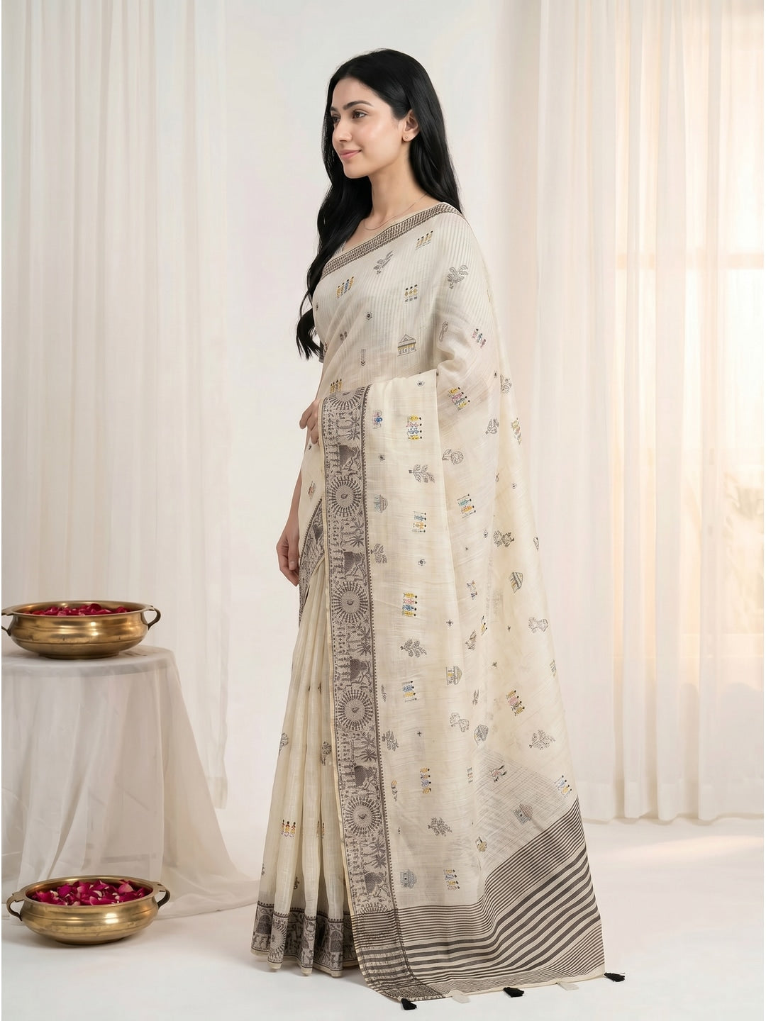 Peachmode Cream & Coffee Muga Silk Warli Weave Border Saree - Image 3