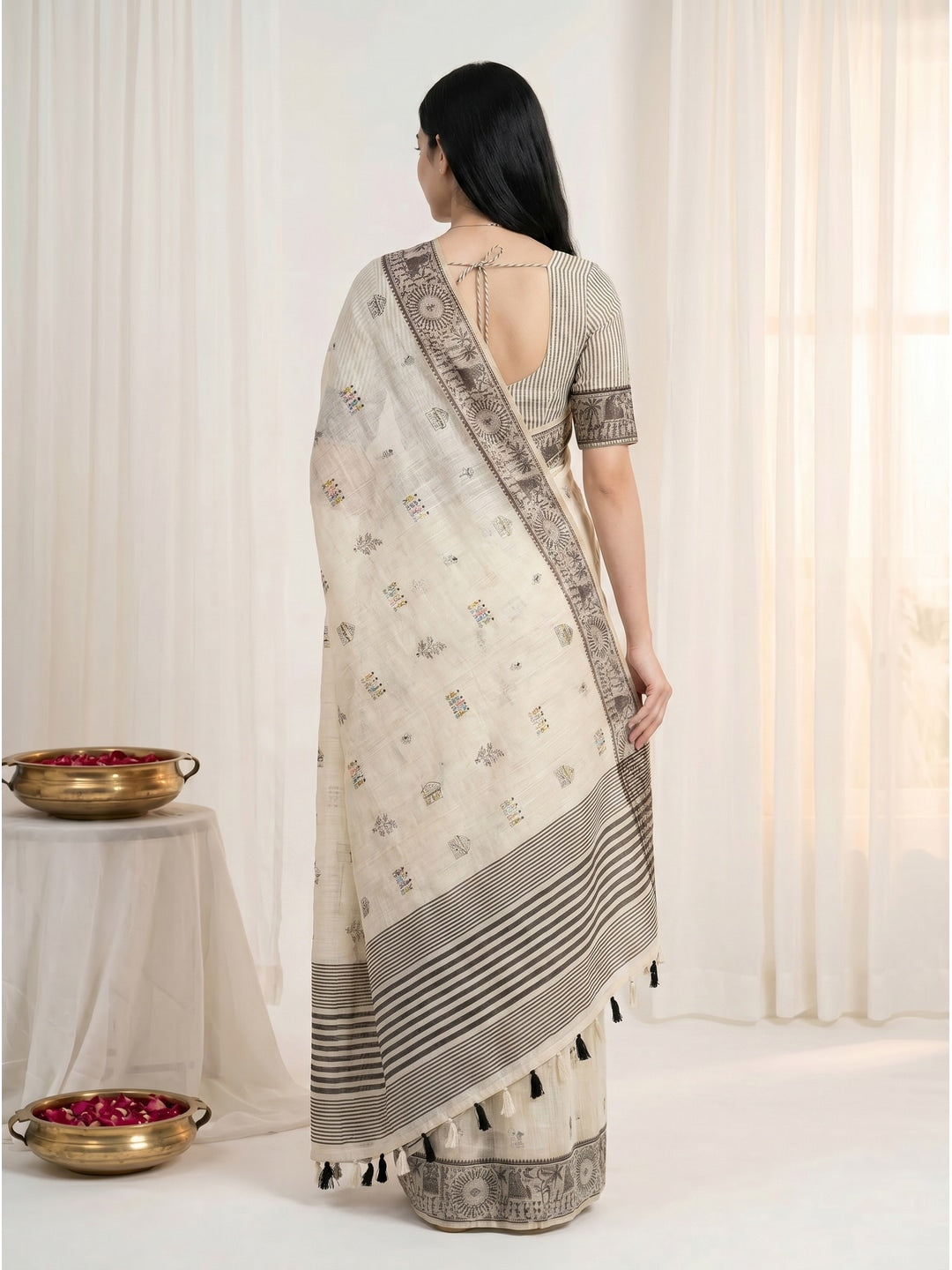 Peachmode Cream & Coffee Muga Silk Warli Weave Border Saree - Image 4