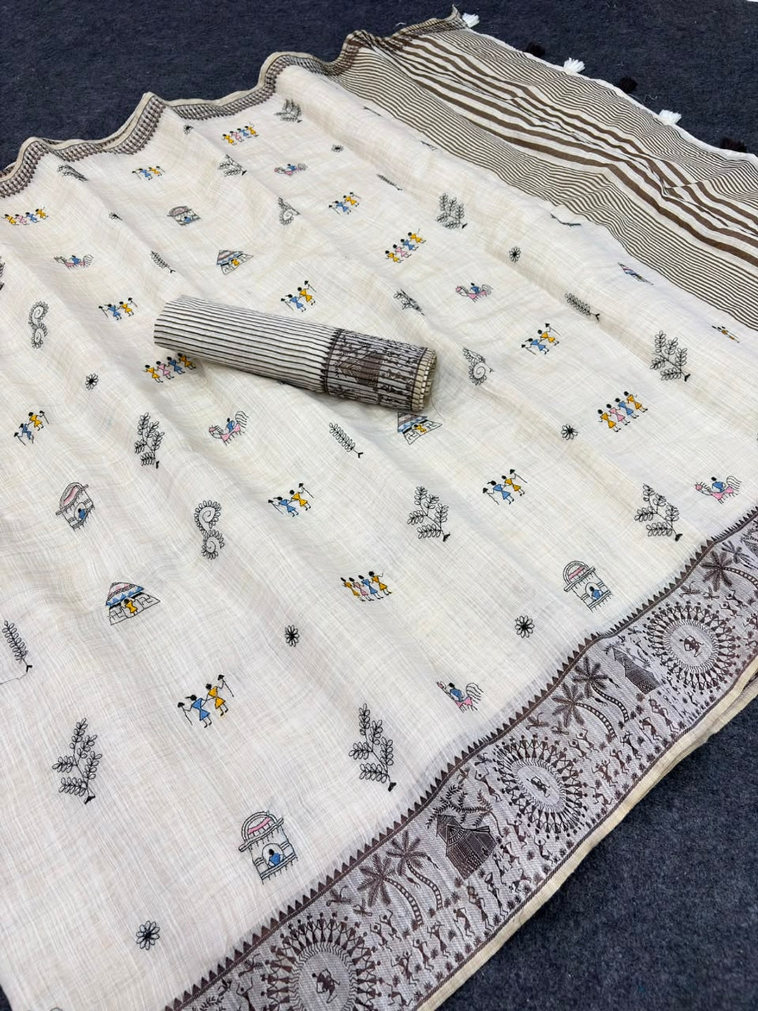 Peachmode Cream & Coffee Muga Silk Warli Weave Border Saree - Image 5