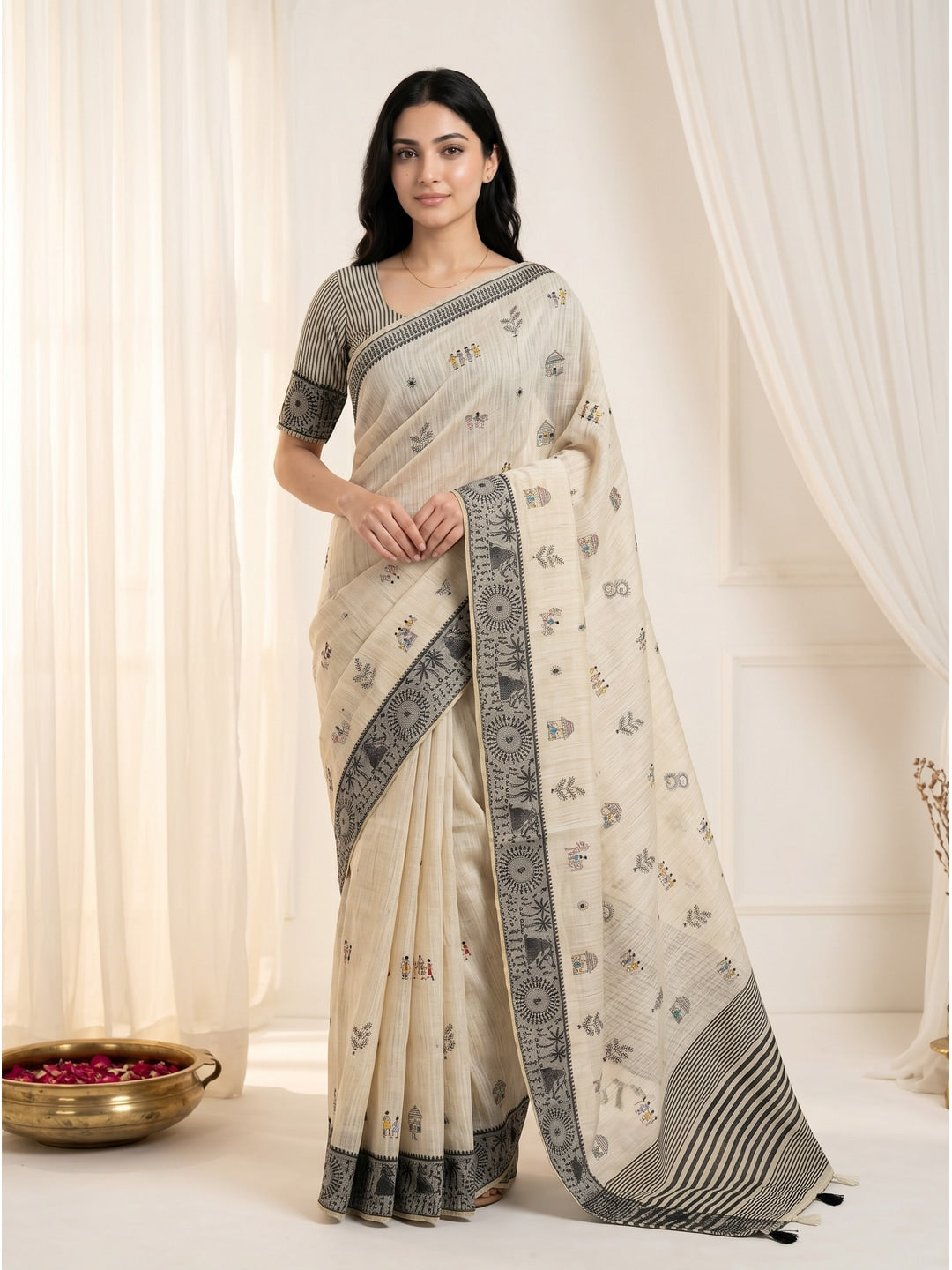 Peachmode Cream & Grey Muga Silk Warli Weave Border Saree - Image 1