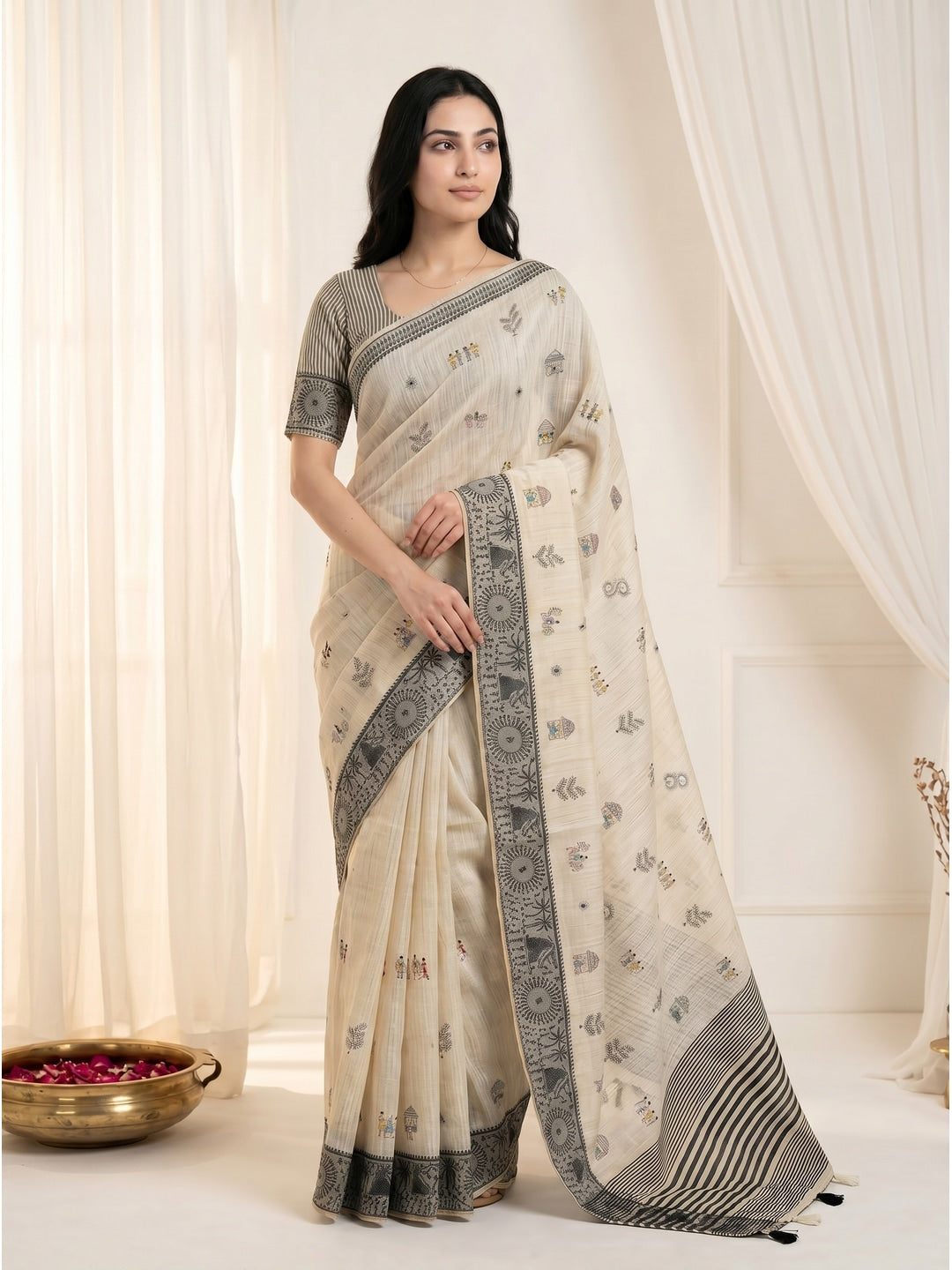 Peachmode Cream & Grey Muga Silk Warli Weave Border Saree - Image 2