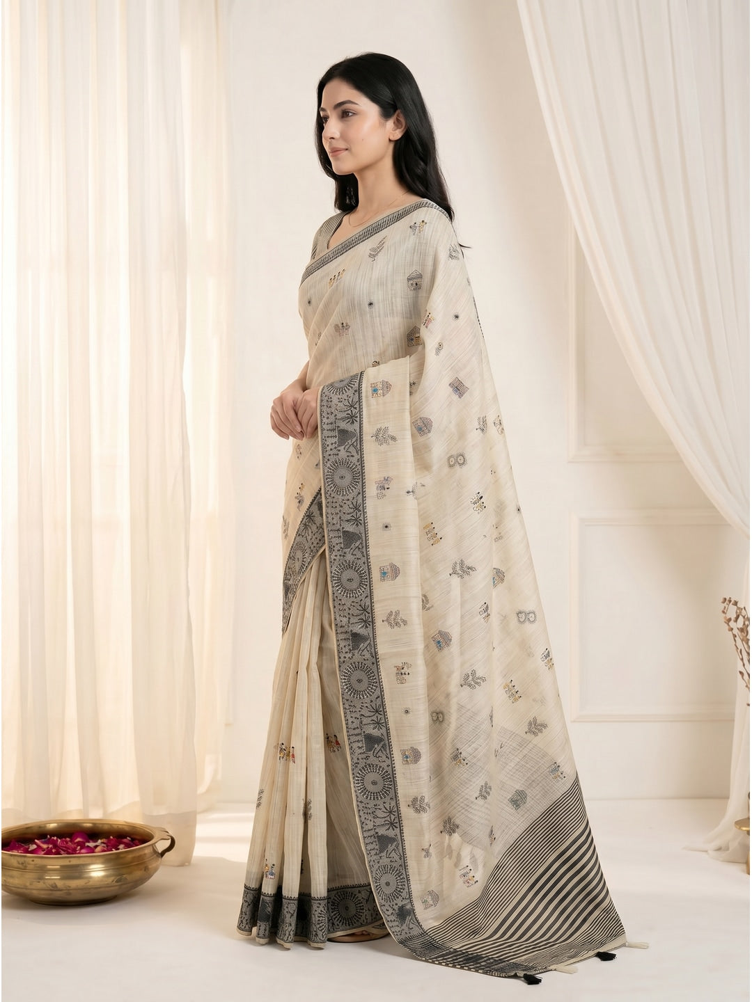Peachmode Cream & Grey Muga Silk Warli Weave Border Saree - Image 3