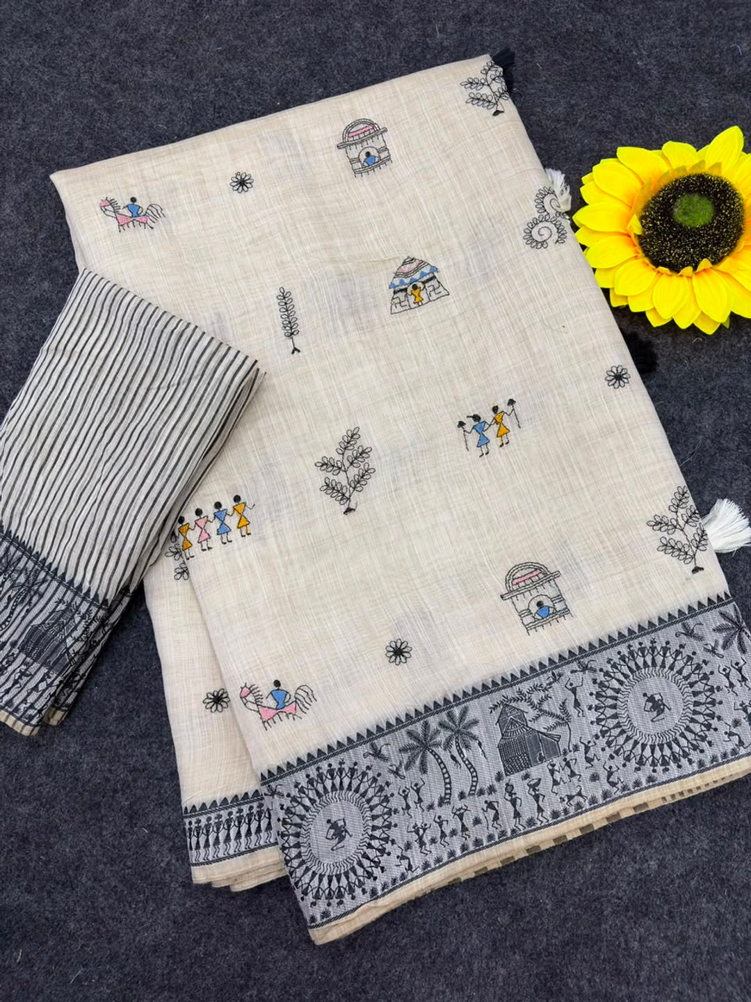 Peachmode Cream & Grey Muga Silk Warli Weave Border Saree - Image 5
