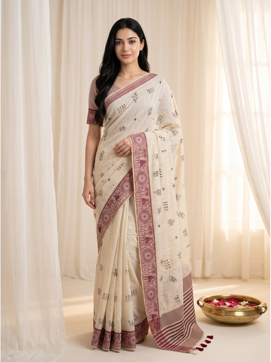 Peachmode Cream & Red Muga Silk Warli Weave Border Saree - Image 1