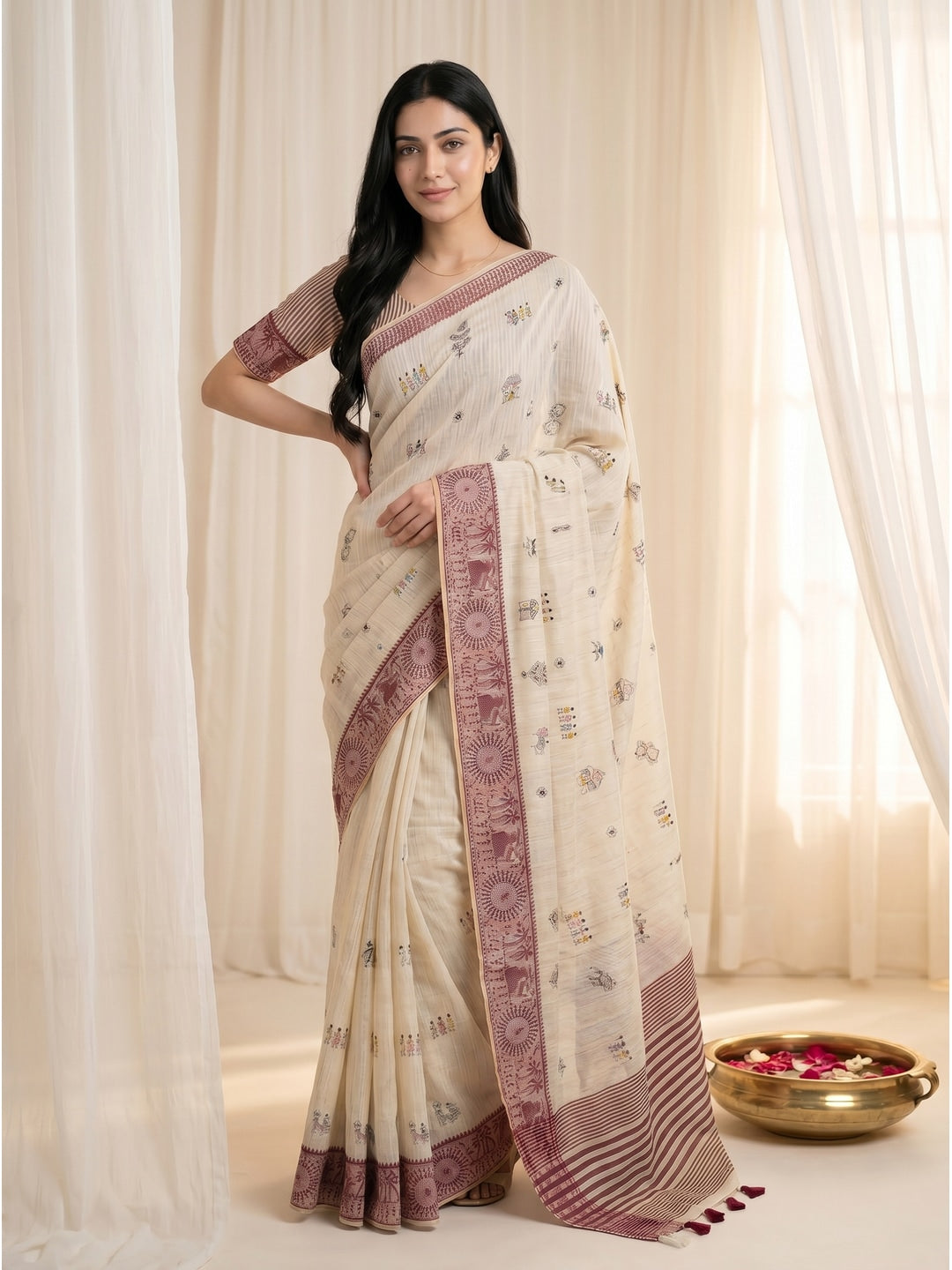 Peachmode Cream & Red Muga Silk Warli Weave Border Saree - Image 2