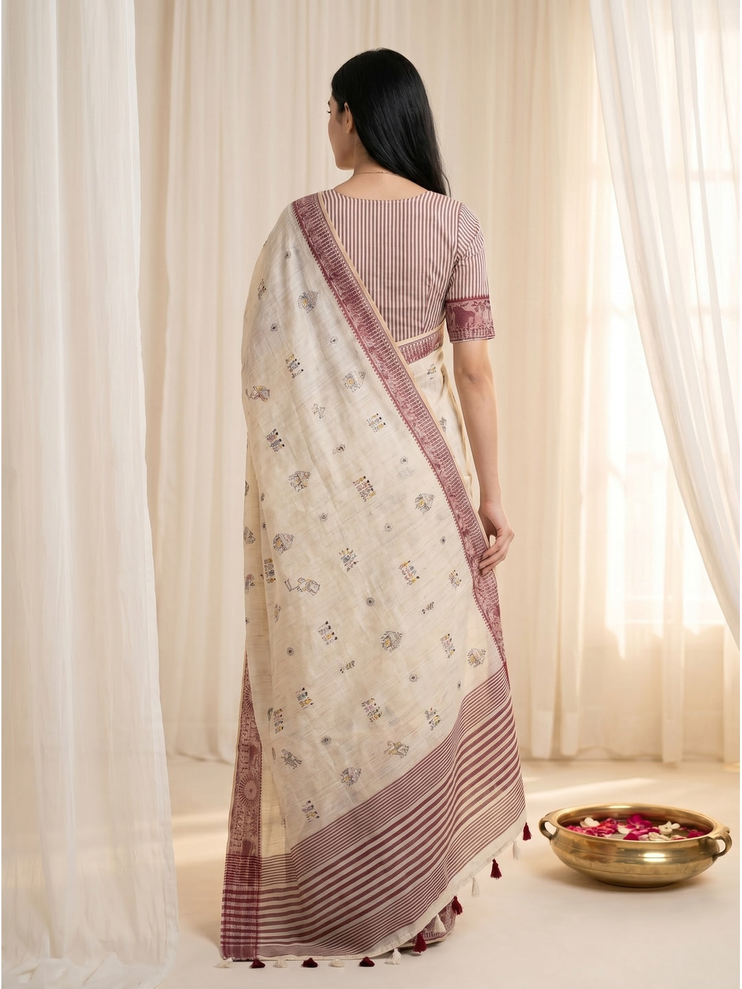Peachmode Cream & Red Muga Silk Warli Weave Border Saree - Image 4