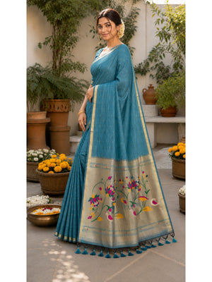 Peachmode Blue Paithani Muga Silk Zari Weave Saree - Image 1