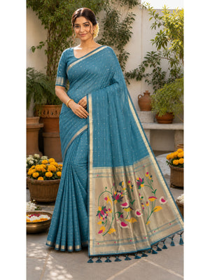 Peachmode Blue Paithani Muga Silk Zari Weave Saree - Image 2