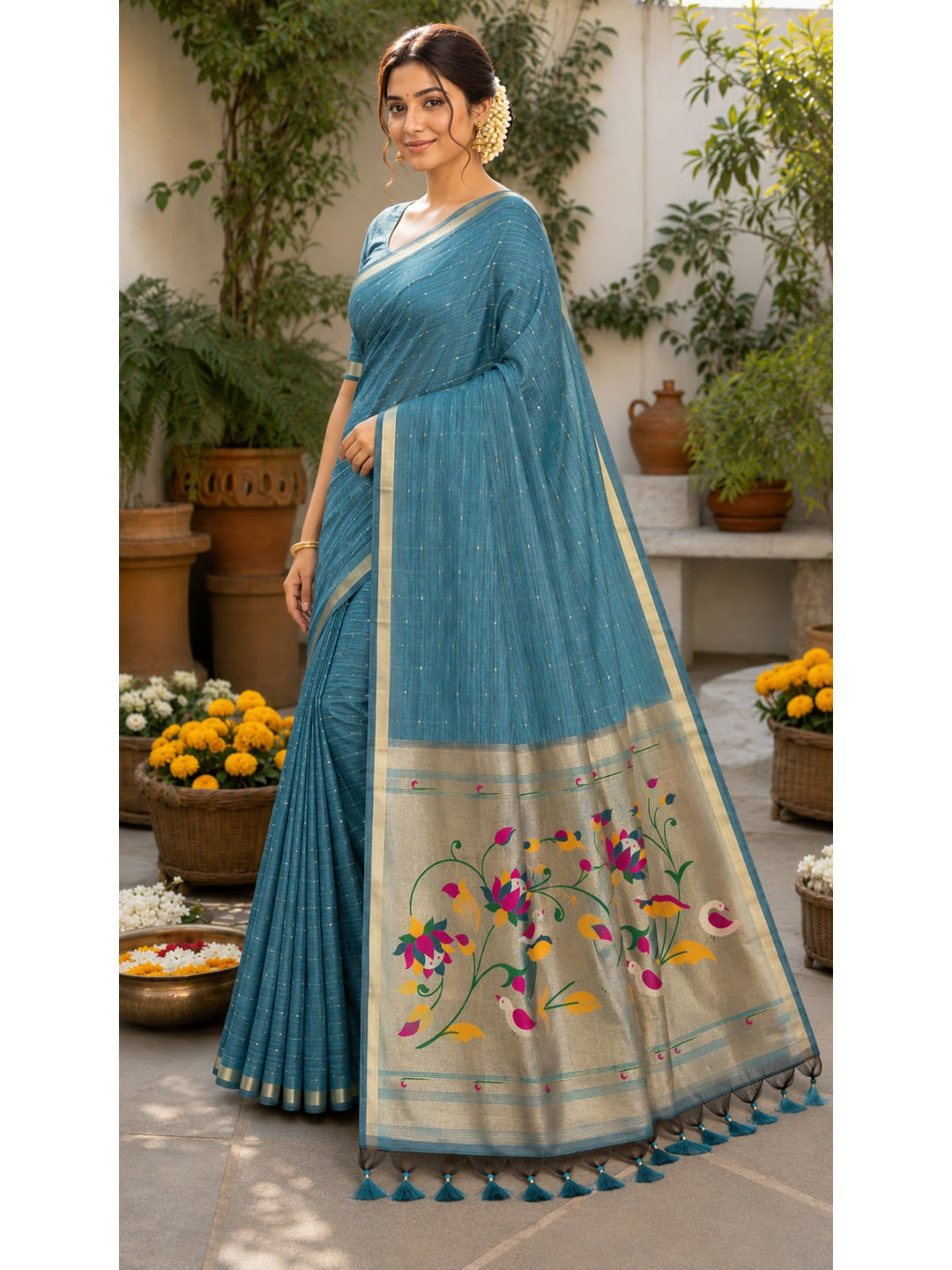 Peachmode Blue Paithani Muga Silk Zari Weave Saree - Image 3