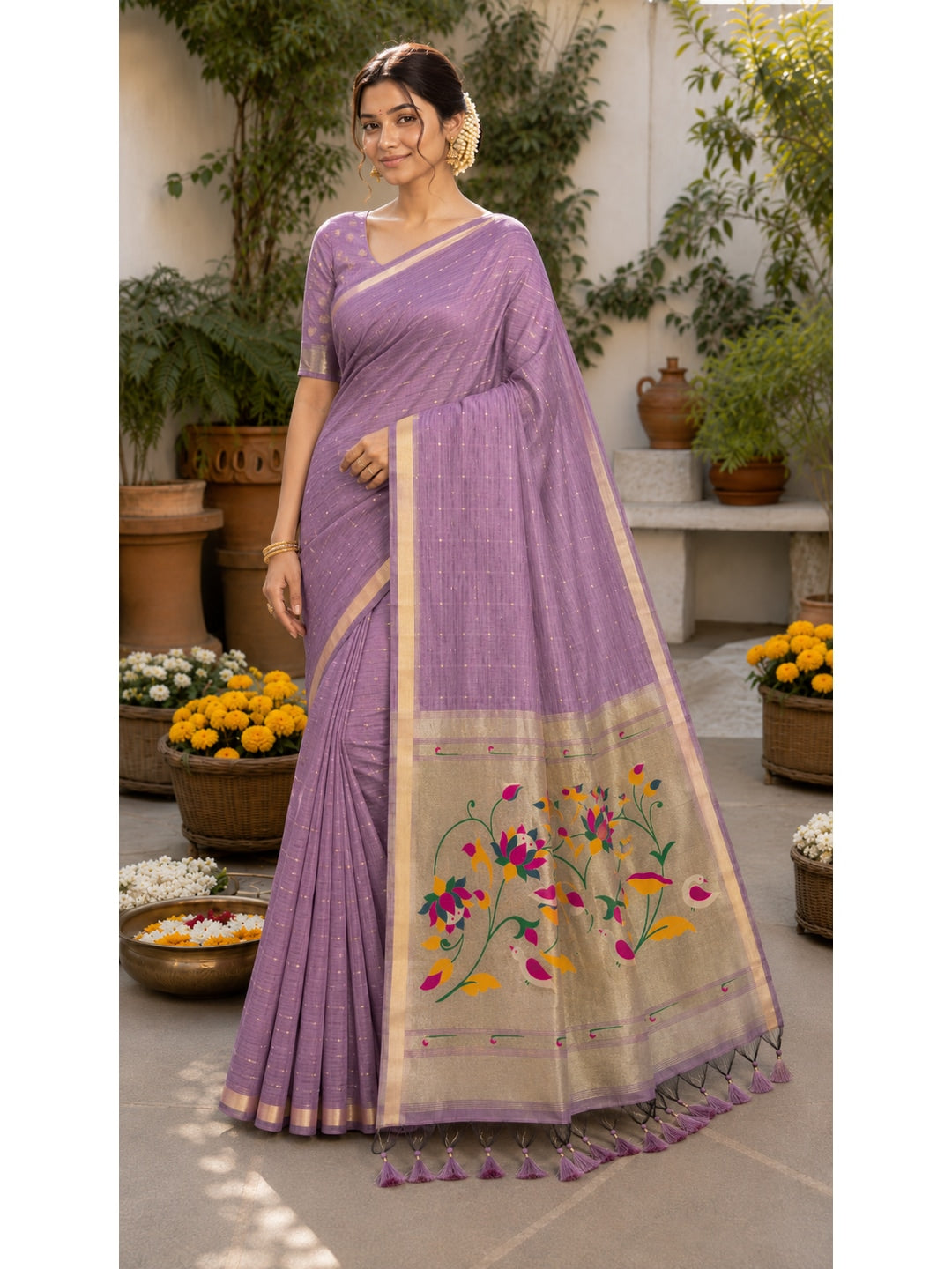 Peachmode Onion Pink Paithani Muga Silk Zari Weave Saree - Image 2