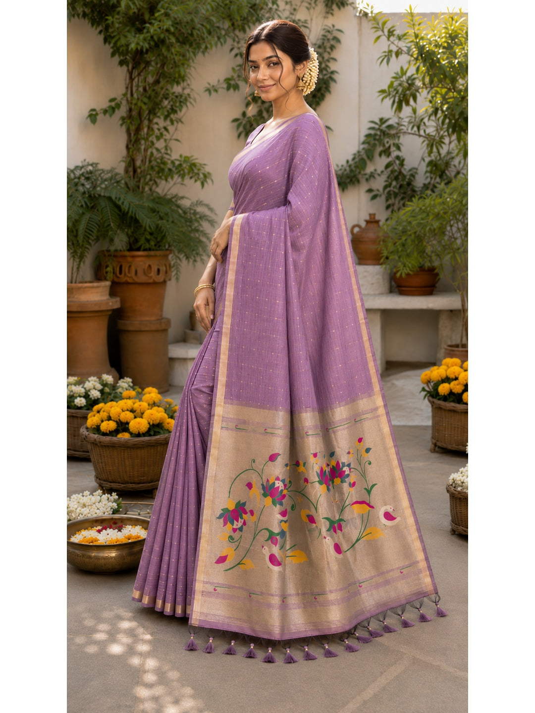 Peachmode Onion Pink Paithani Muga Silk Zari Weave Saree - Image 3