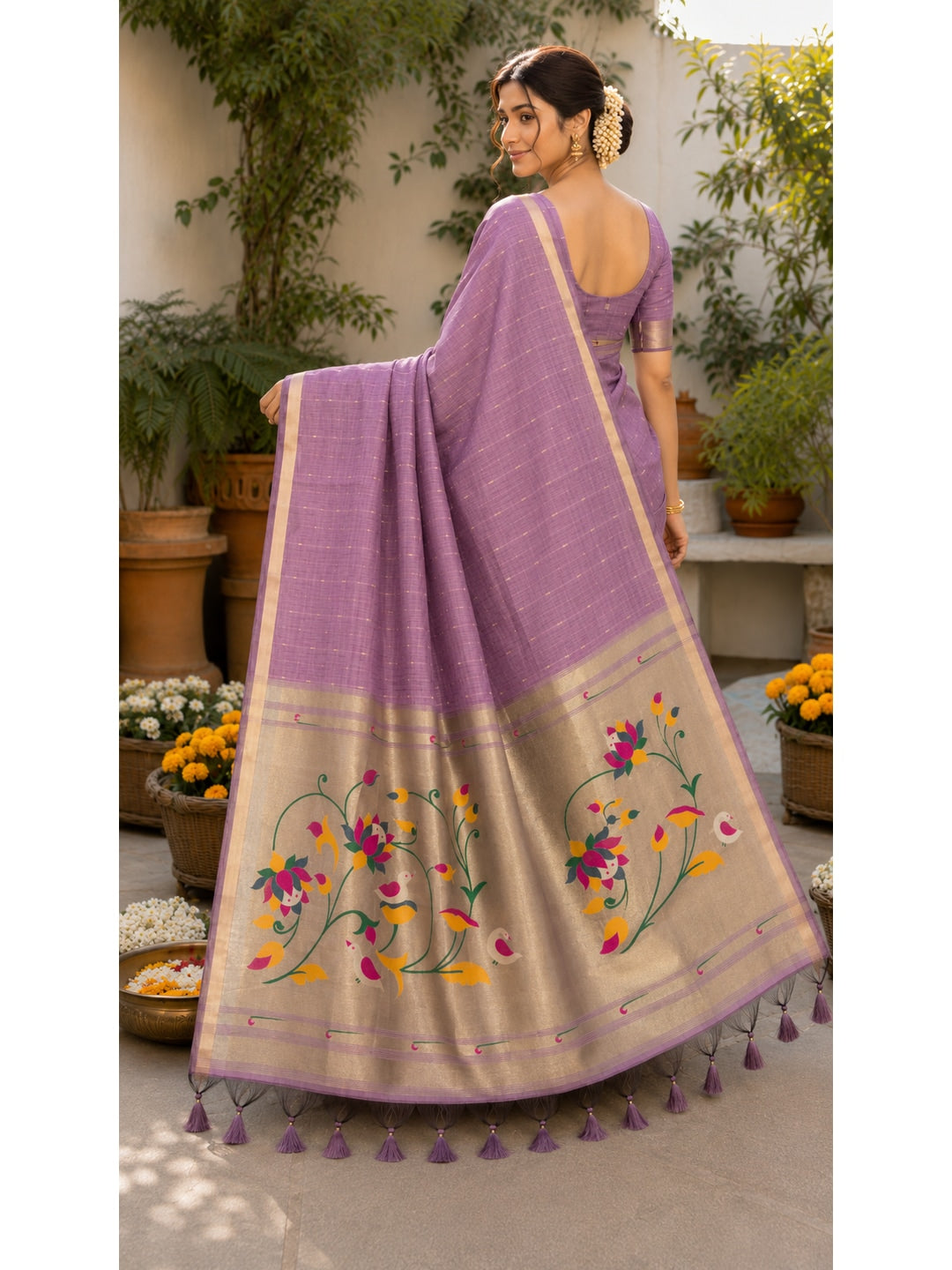 Peachmode Onion Pink Paithani Muga Silk Zari Weave Saree - Image 4