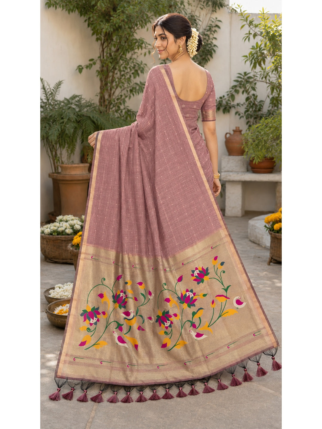 Peachmode Peach Paithani Muga Silk Zari Weave Saree - Image 4