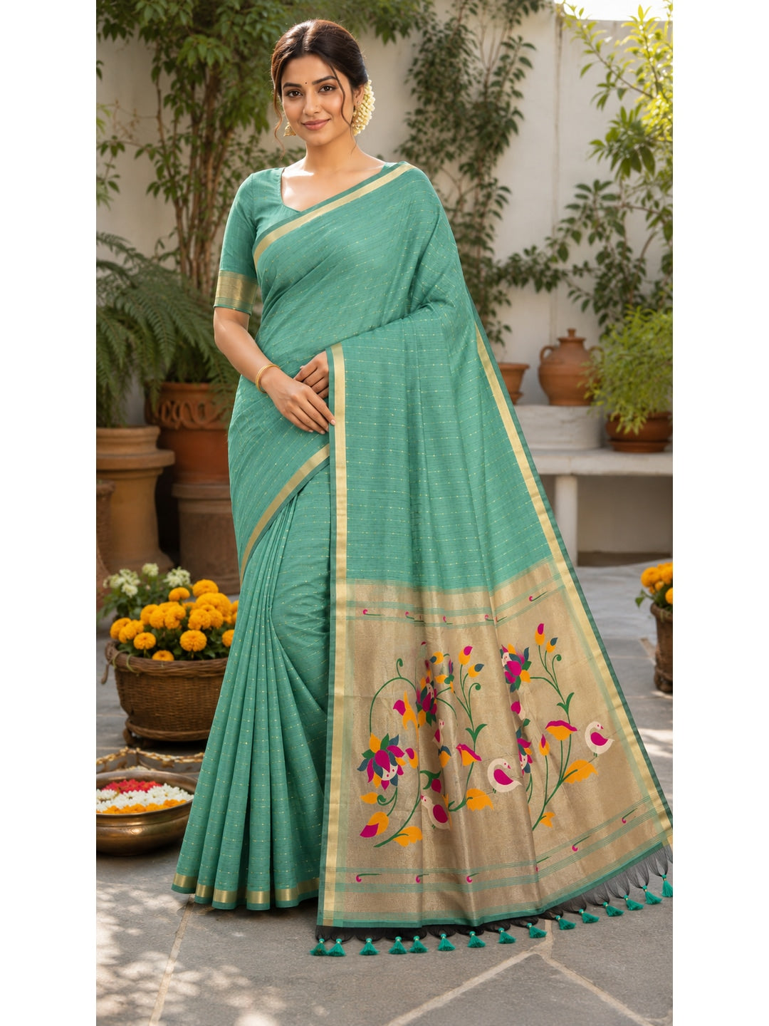 Peachmode Rama Green Paithani Muga Silk Zari Weave Saree - Image 1
