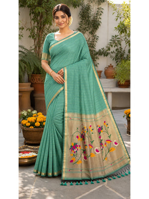 Peachmode Rama Green Paithani Muga Silk Zari Weave Saree - Image 1