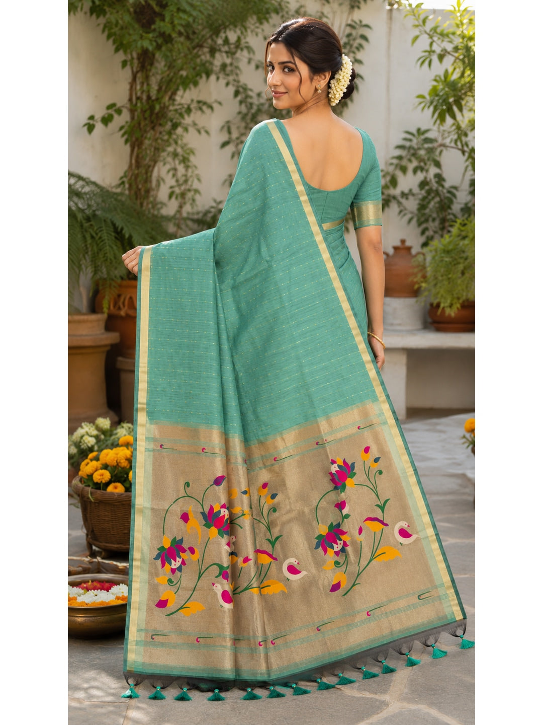 Peachmode Rama Green Paithani Muga Silk Zari Weave Saree - Image 4