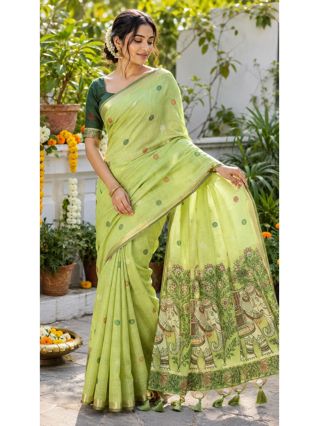 Peachmode Green Muga Silk Meenakari Weave Saree - Image 1