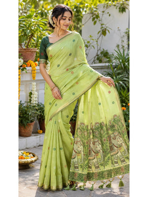Peachmode Green Muga Silk Meenakari Weave Saree - Image 1
