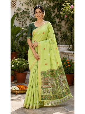 Peachmode Green Muga Silk Meenakari Weave Saree - Image 2