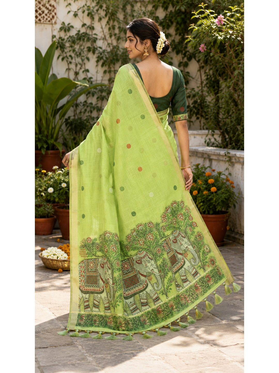 Peachmode Green Muga Silk Meenakari Weave Saree - Image 4