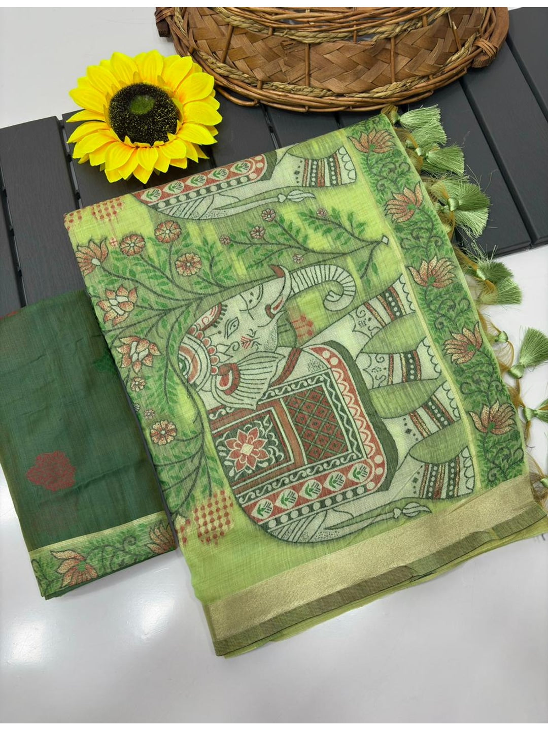 Peachmode Green Muga Silk Meenakari Weave Saree - Image 5