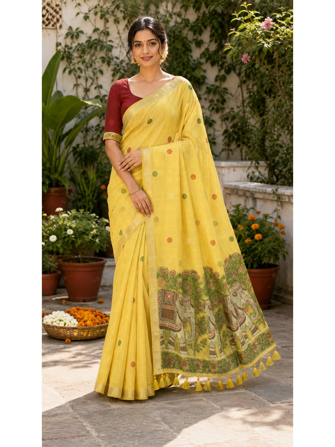 Peachmode Yellow Muga Silk Meenakari Weave Saree - Image 2