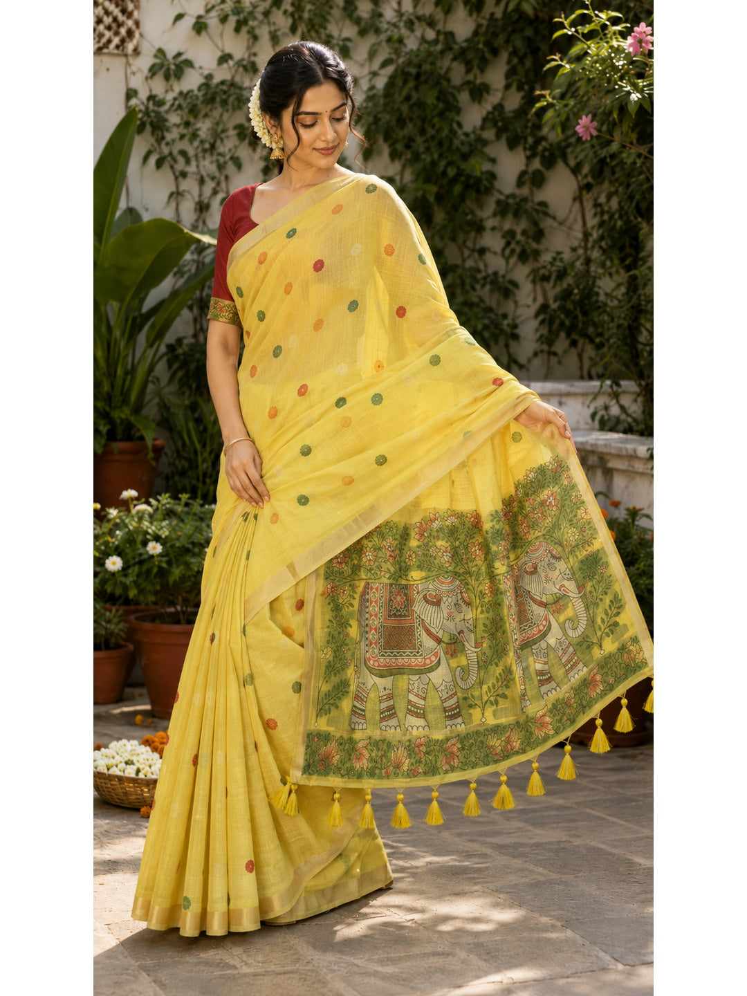 Peachmode Yellow Muga Silk Meenakari Weave Saree - Image 3