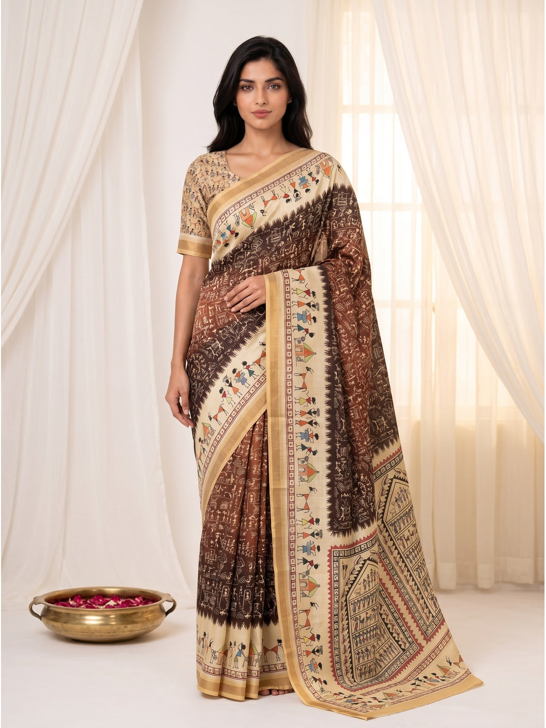 Peachmode Brown Cotton Blend Warli Digital Print Saree - Image 1