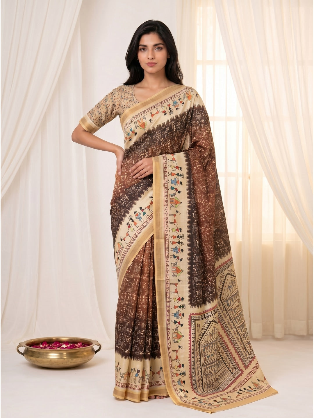 Peachmode Brown Cotton Blend Warli Digital Print Saree - Image 2