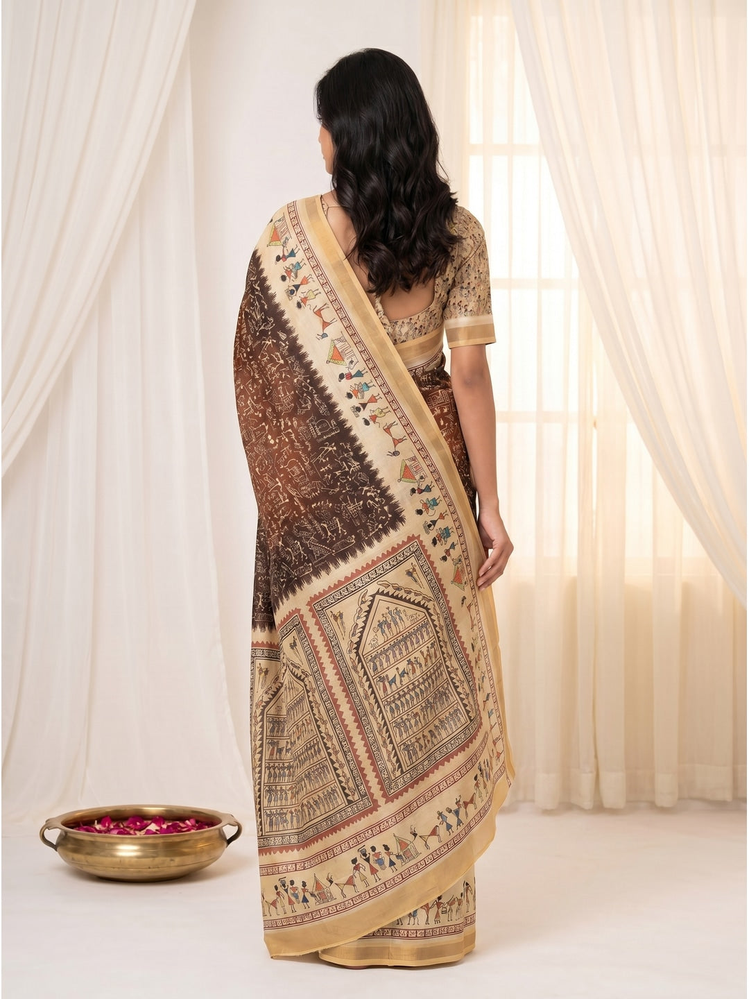 Peachmode Brown Cotton Blend Warli Digital Print Saree - Image 3
