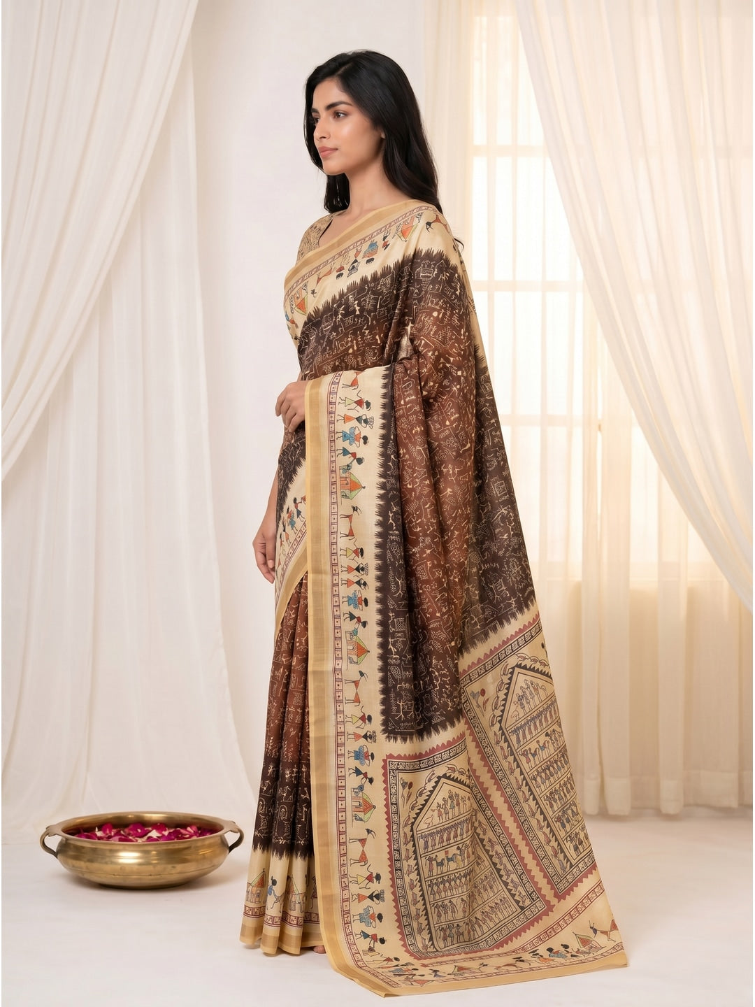 Peachmode Brown Cotton Blend Warli Digital Print Saree - Image 4