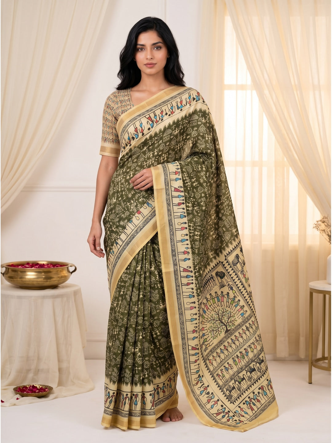 Peachmode Mehendi Cotton Blend Warli Digital Print Saree - Image 1