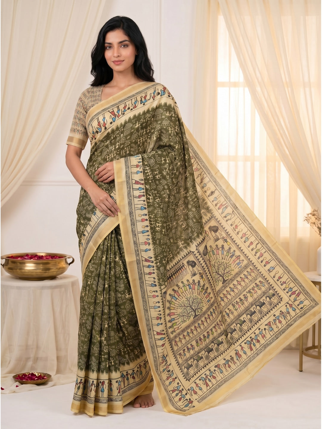Peachmode Mehendi Cotton Blend Warli Digital Print Saree - Image 2