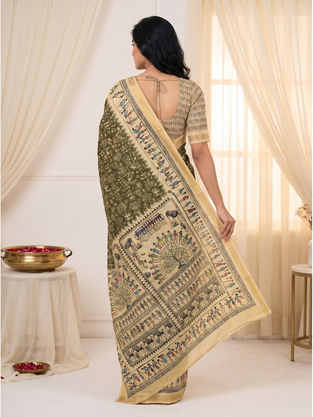 Peachmode Mehendi Cotton Blend Warli Digital Print Saree - Image 3