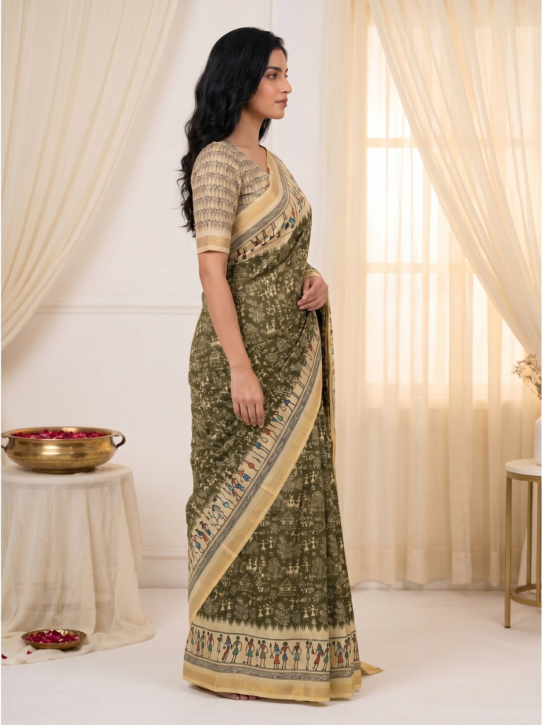 Peachmode Mehendi Cotton Blend Warli Digital Print Saree - Image 4