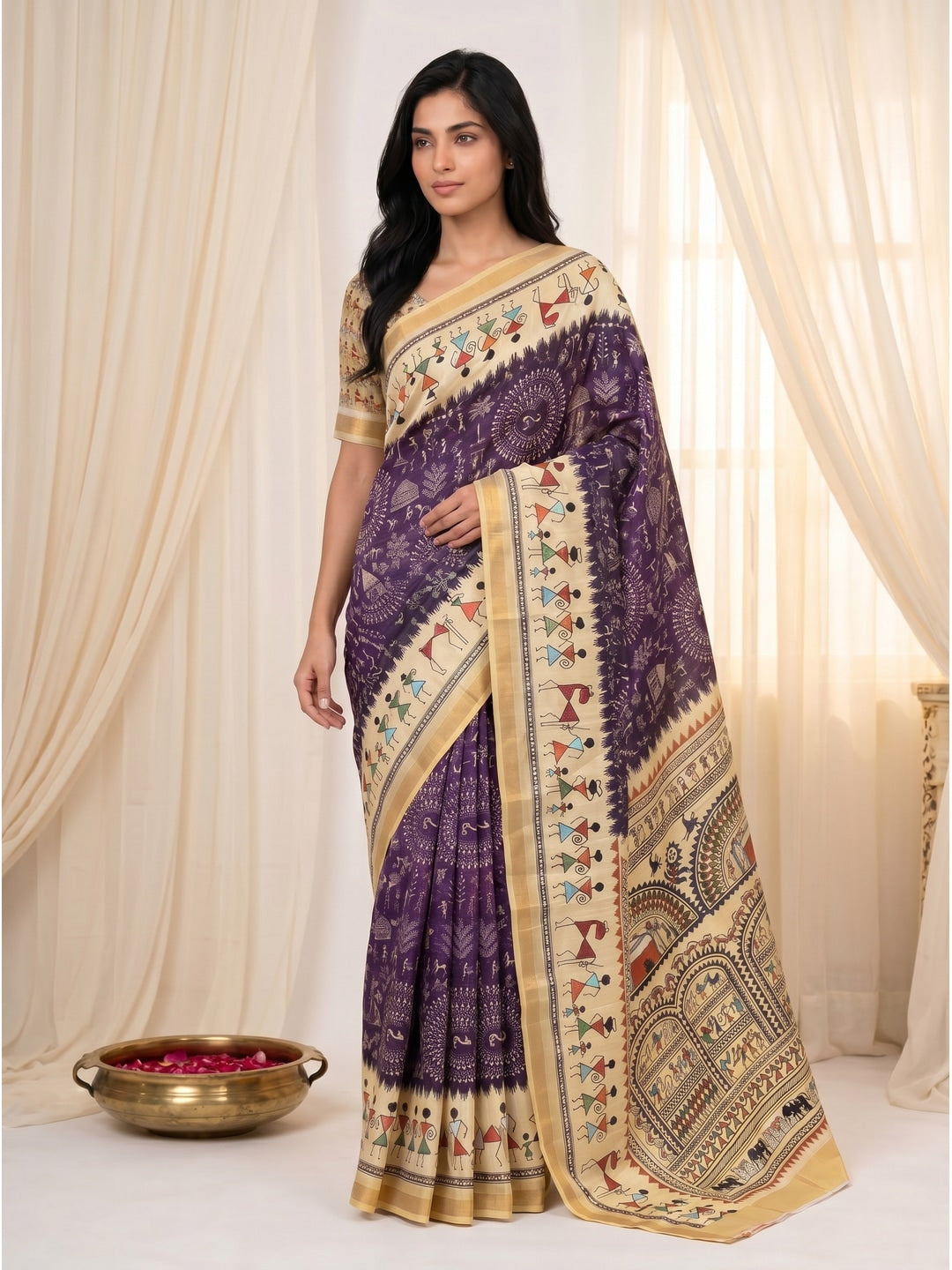 Peachmode Purple Cotton Blend Warli Digital Print Saree - Image 2