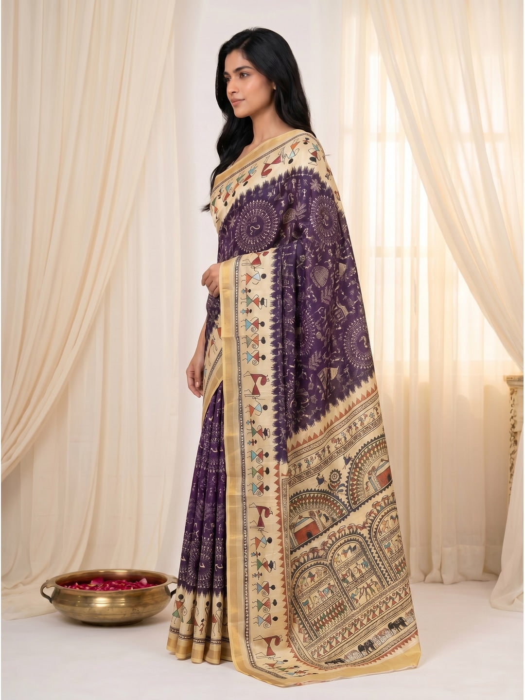 Peachmode Purple Cotton Blend Warli Digital Print Saree - Image 4