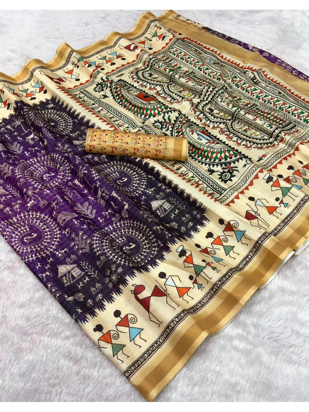 Peachmode Purple Cotton Blend Warli Digital Print Saree - Image 5