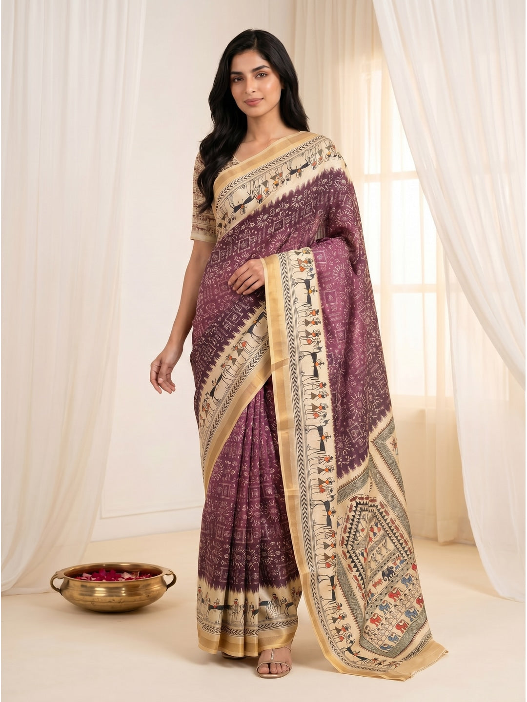 Peachmode Wine Cotton Blend Warli Digital Print Saree - Image 2