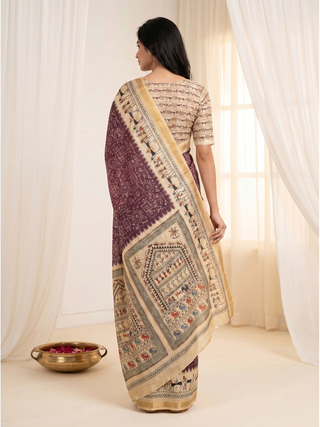 Peachmode Wine Cotton Blend Warli Digital Print Saree - Image 3
