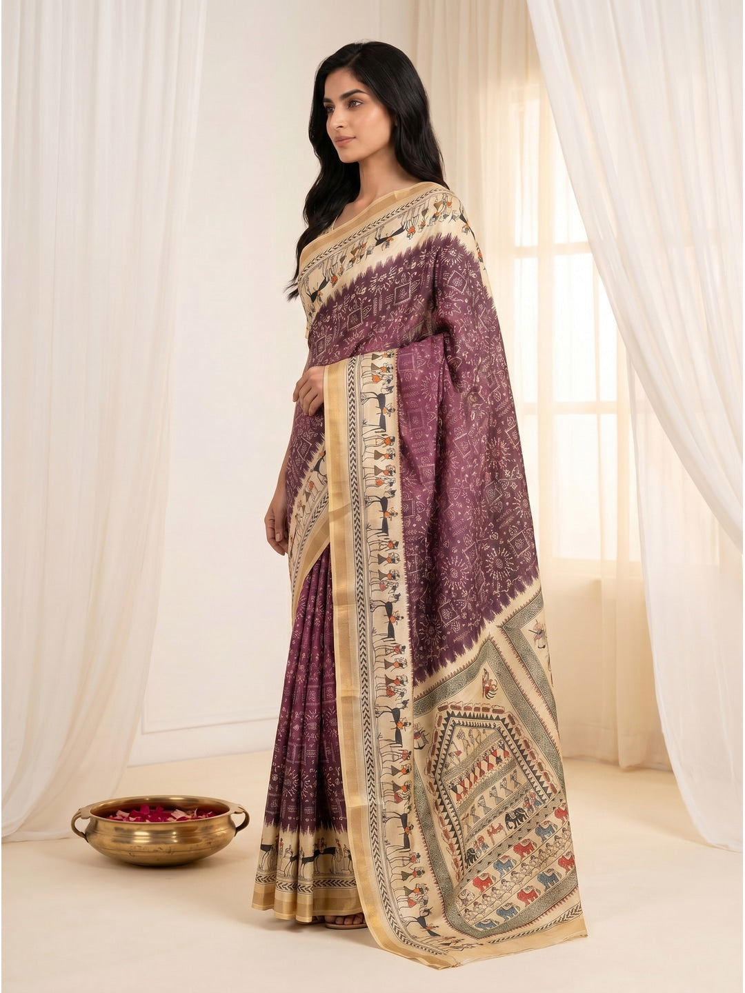 Peachmode Wine Cotton Blend Warli Digital Print Saree - Image 4
