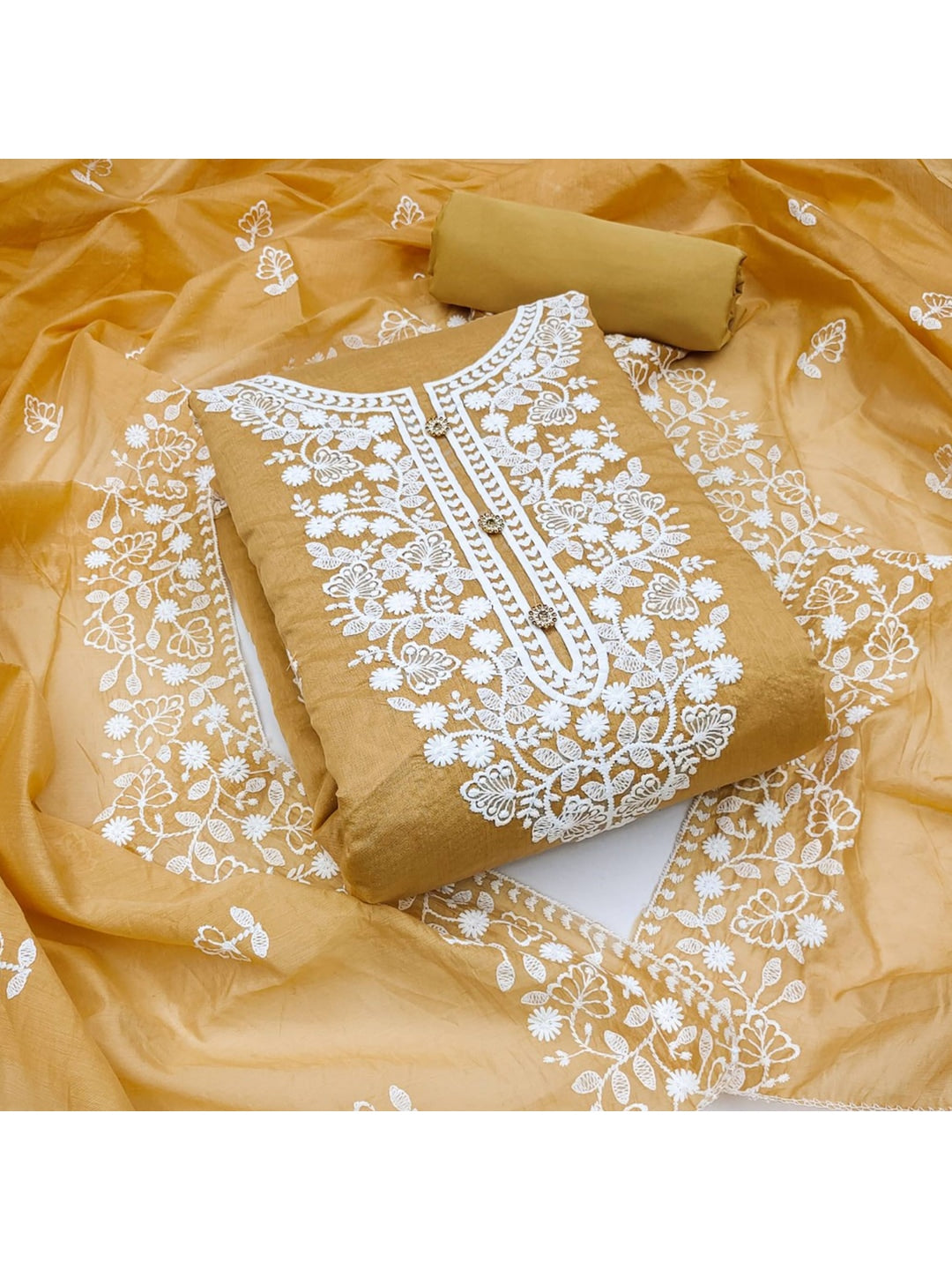 Peachmode Light Brown Floral Embroidered Chanderi Cotton Dress Material - Image 1