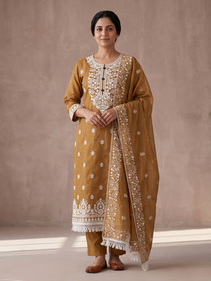 Peachmode Light Brown Floral Embroidered Chanderi Cotton Dress Material - Image 2
