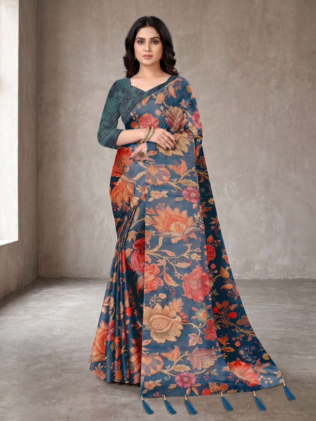 Peachmode Teal Digital Printed Tissue Cotton Saree - Image 1