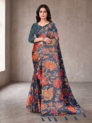 Peachmode Teal Digital Printed Tissue Cotton Saree - Image 2