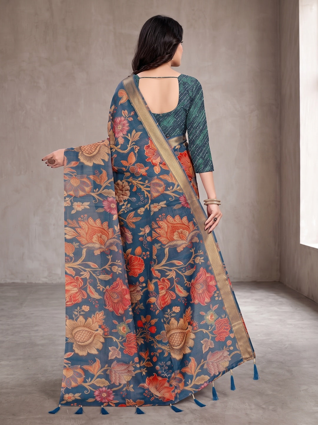 Peachmode Teal Digital Printed Tissue Cotton Saree - Image 3