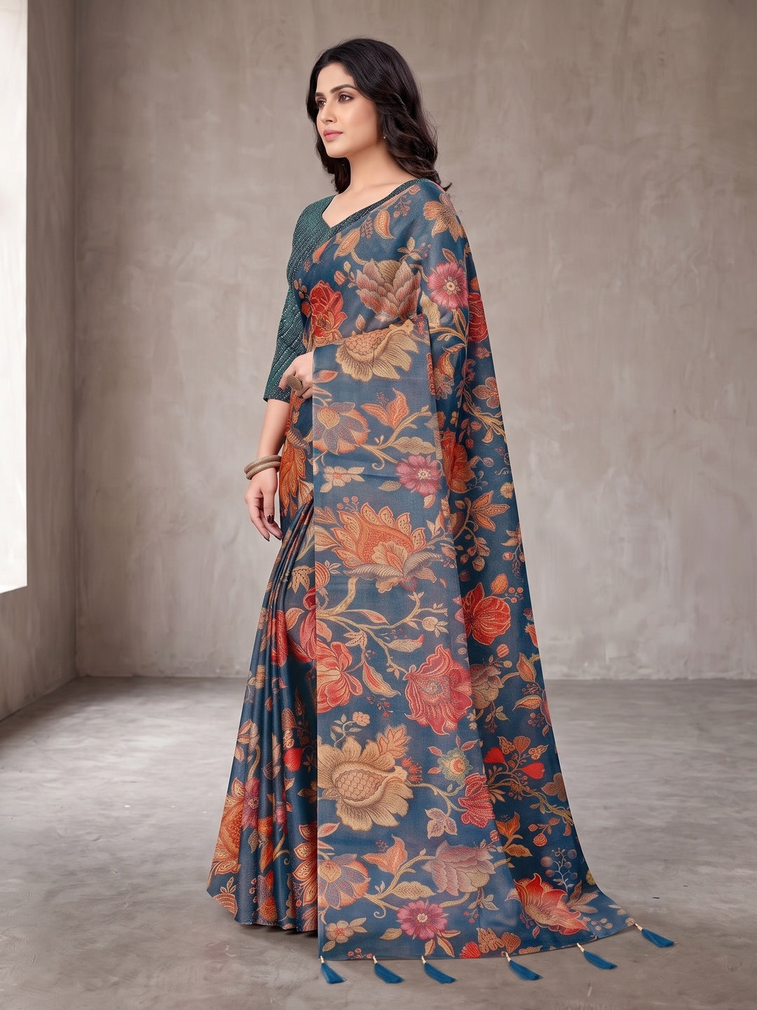 Peachmode Teal Digital Printed Tissue Cotton Saree - Image 5