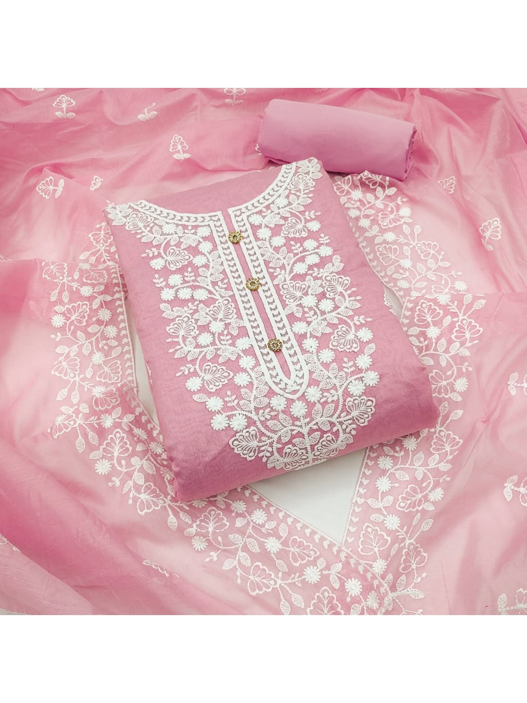 Peachmode Baby Pink Floral Embroidered Chanderi Cotton Dress Material - Image 1